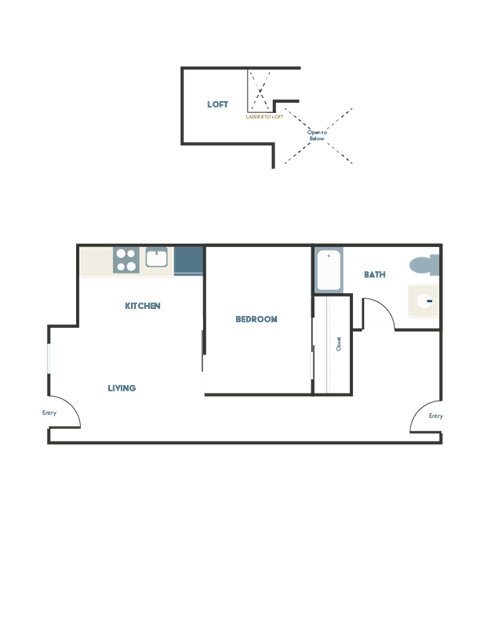 A floor plan of a house with a kitchen, living room, and bedrooms.
